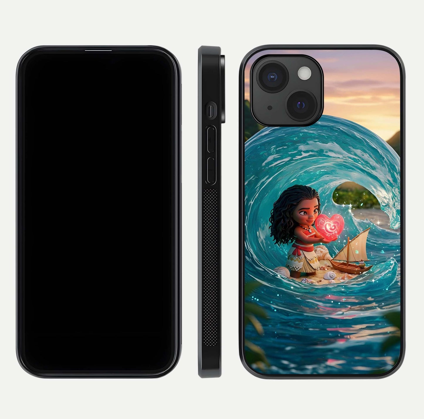 Heart of Ocean Glass Case for iPhone 15 front and back view layout highlighting sea-themed art and curved glass edges