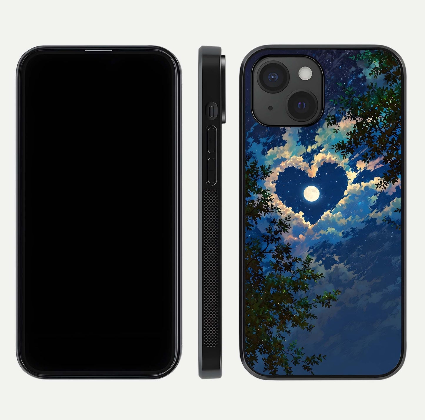 Heart with Moon Sky Glass Case for iPhone 15 front and back view layout displaying celestial tones and curved glass