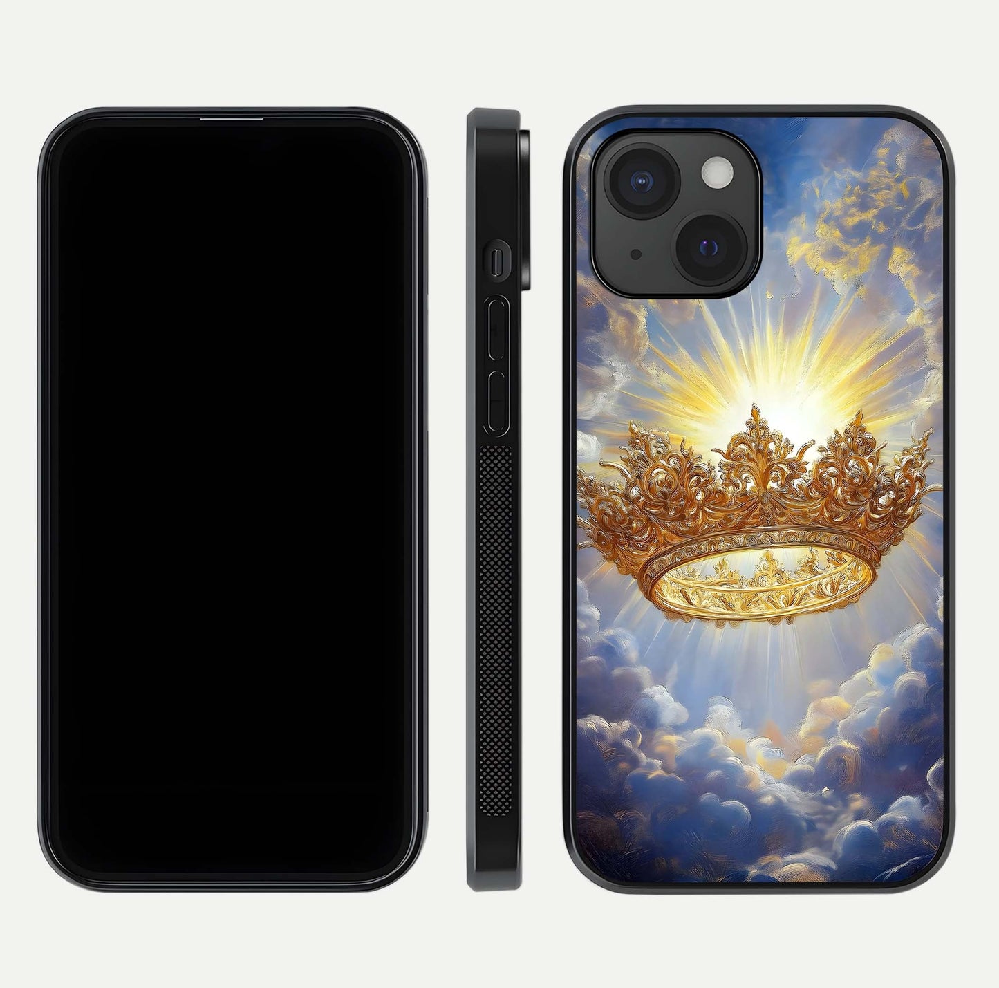 Heavenly Crown Light Glass Case for iPhone 15 front and back view layout highlighting golden aura tones and curved glass edges