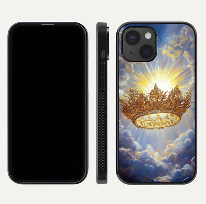 Heavenly Crown Light Glass Case for iPhone 15 front and back view layout highlighting golden aura tones and curved glass edges
