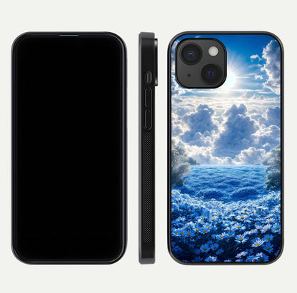 Heavenly Daisy Horizon Glass Case for iPhone 15 front and back view layout highlighting floral field tones and curved edges