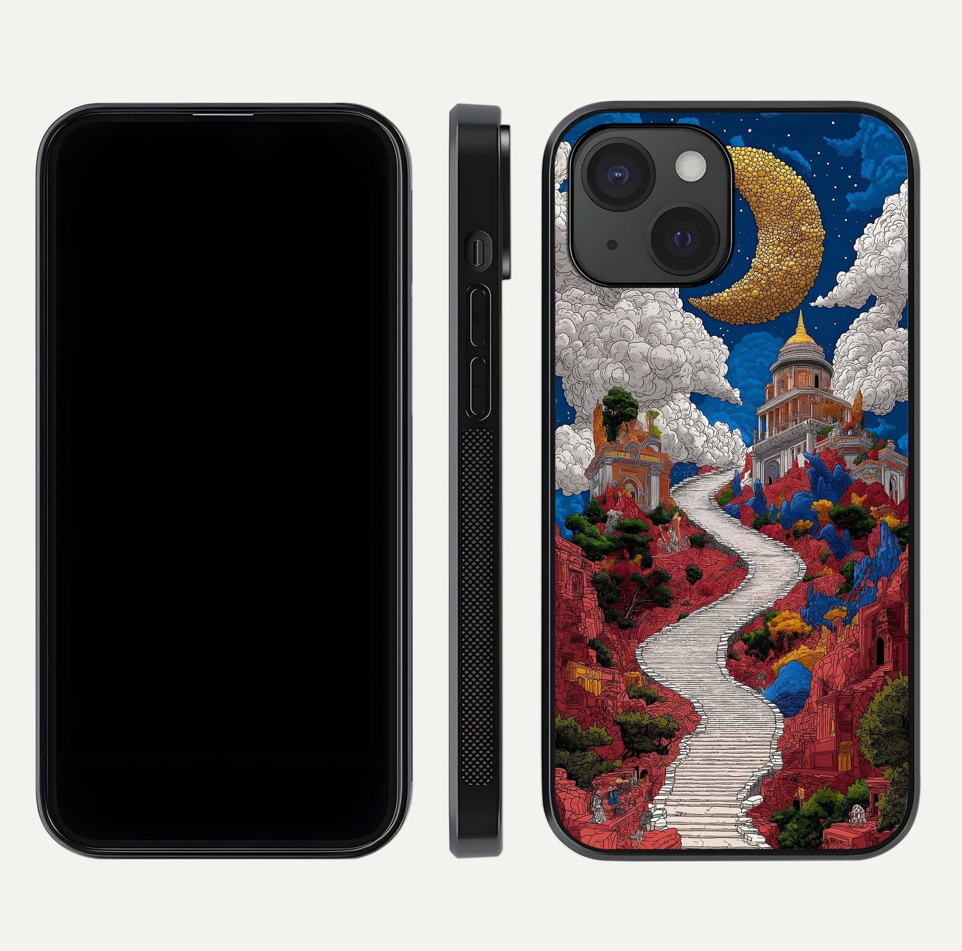 Heavenly Moon Path Glass Case for iPhone 15 front and back view layout displaying night sky tones and curved glass edges
