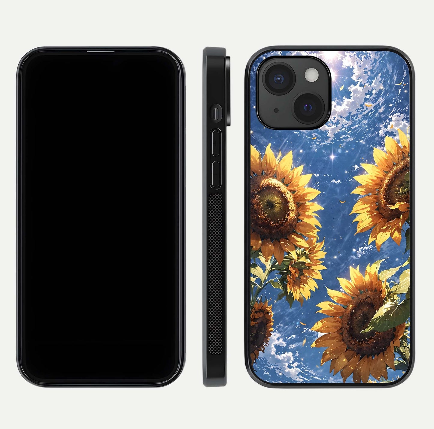 Heavenly Sunflower Rise Glass Case for iPhone 15 front and back view layout highlighting golden floral tones and curved edges