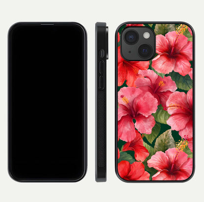 Hibiscus Pattern Glass Case for iPhone 15 front and back view layout highlighting tropical design and curved glass edges