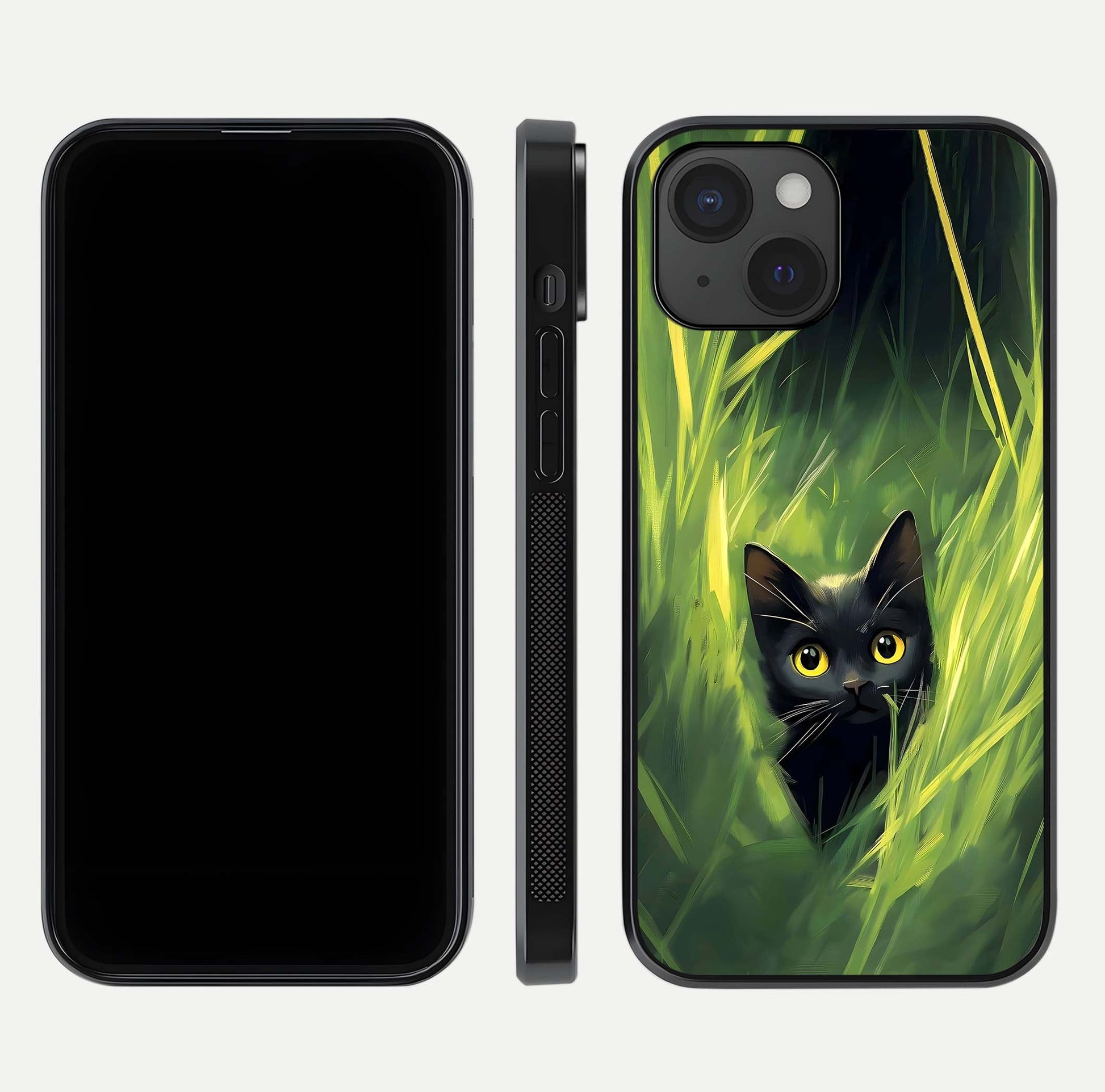 Hidden Cat Whisper Glass Case for iPhone 15 front and back view layout highlighting minimalist art and curved edges