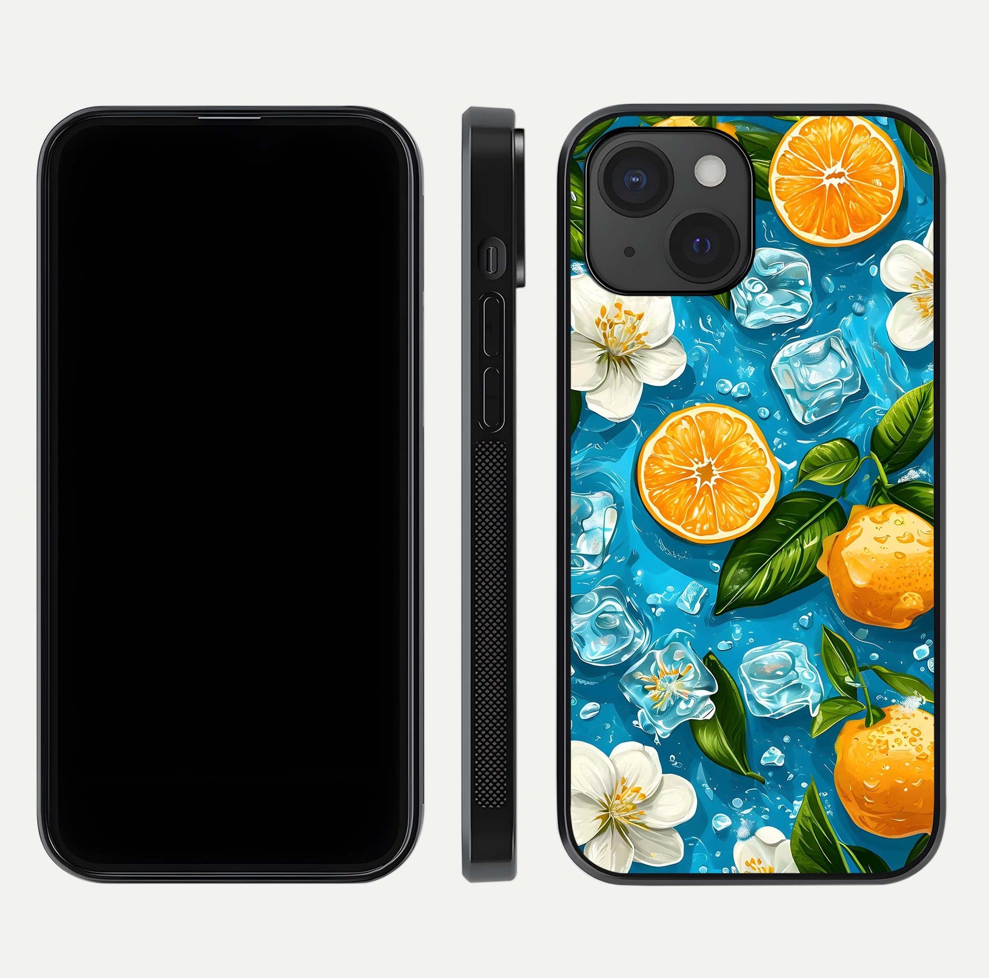 Ice Cube With Orange Glass Case for iPhone 15 front and back view layout highlighting fresh orange tones and curved edges