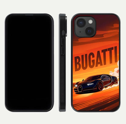 Inferno Bugatti Storm Glass Case for iPhone 15 front and back view layout highlighting car silhouette and curved glass edge