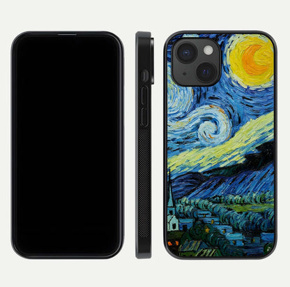 Inspired Van Gogh Art Glass Case for iPhone 15 front and back view layout displaying vivid color tones and curved glass edges