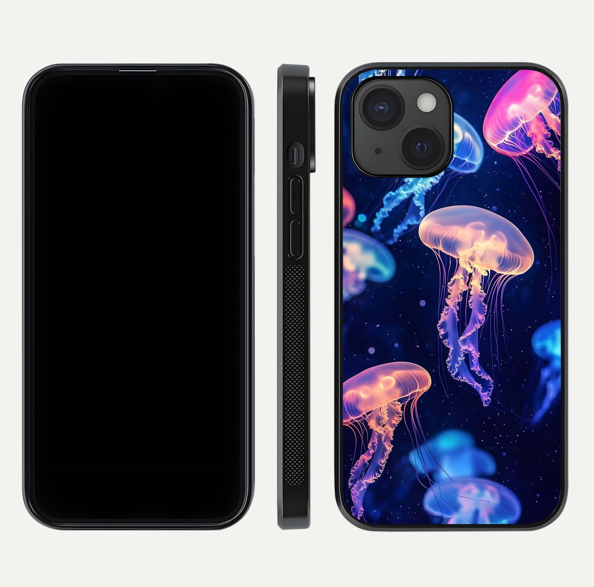 Jellyfish Pattern Glass Case for iPhone 15 front and back view layout highlighting aquatic tones and curved edges