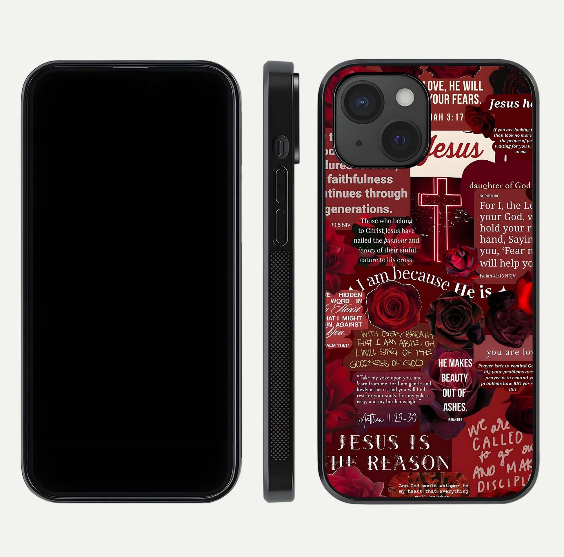 Jesus Love Heals Glass Case for iPhone 15 front and back view layout with elegant typography and smooth edges