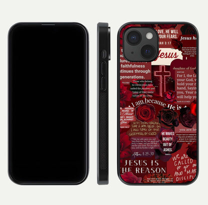 Jesus Love Heals Glass Case for iPhone 15 front and back view layout with elegant typography and smooth edges