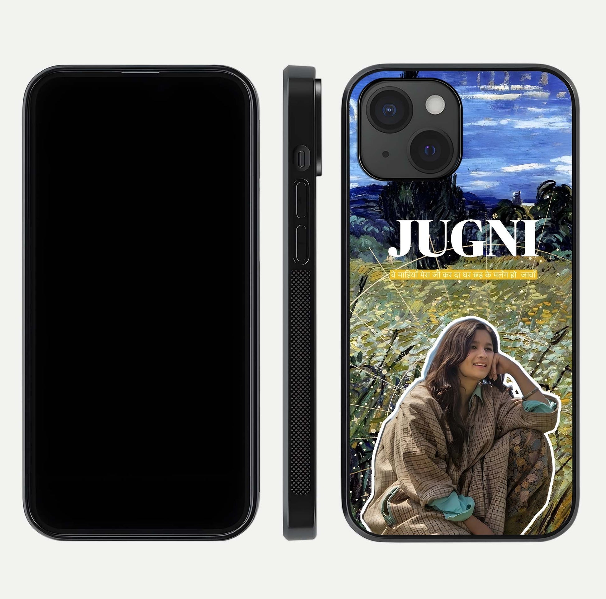 Jugni Soul Vibes Glass Case for iPhone 15 front and back view layout highlighting desi art and curved glass edges