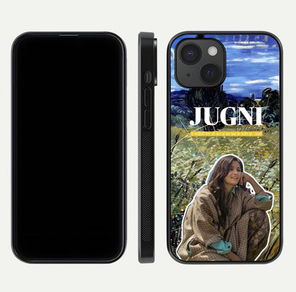 Jugni Soul Vibes Glass Case for iPhone 15 front and back view layout highlighting desi art and curved glass edges