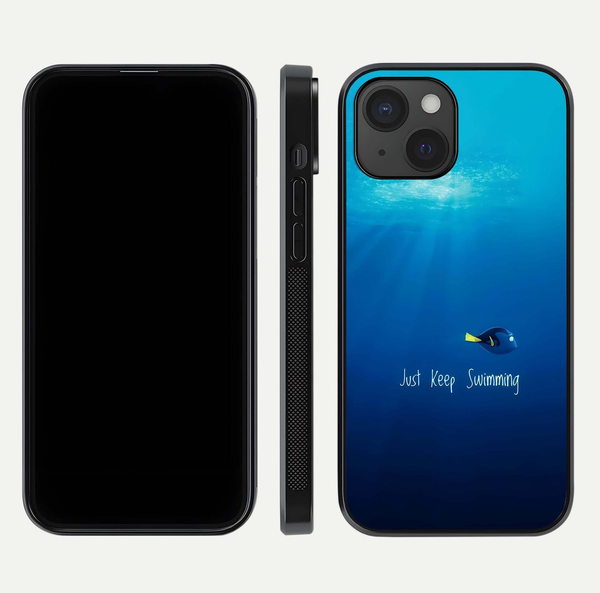 Just Keep Swimming Glass Case for iPhone 15 front and back view layout with smooth glass edges and HD text clarity