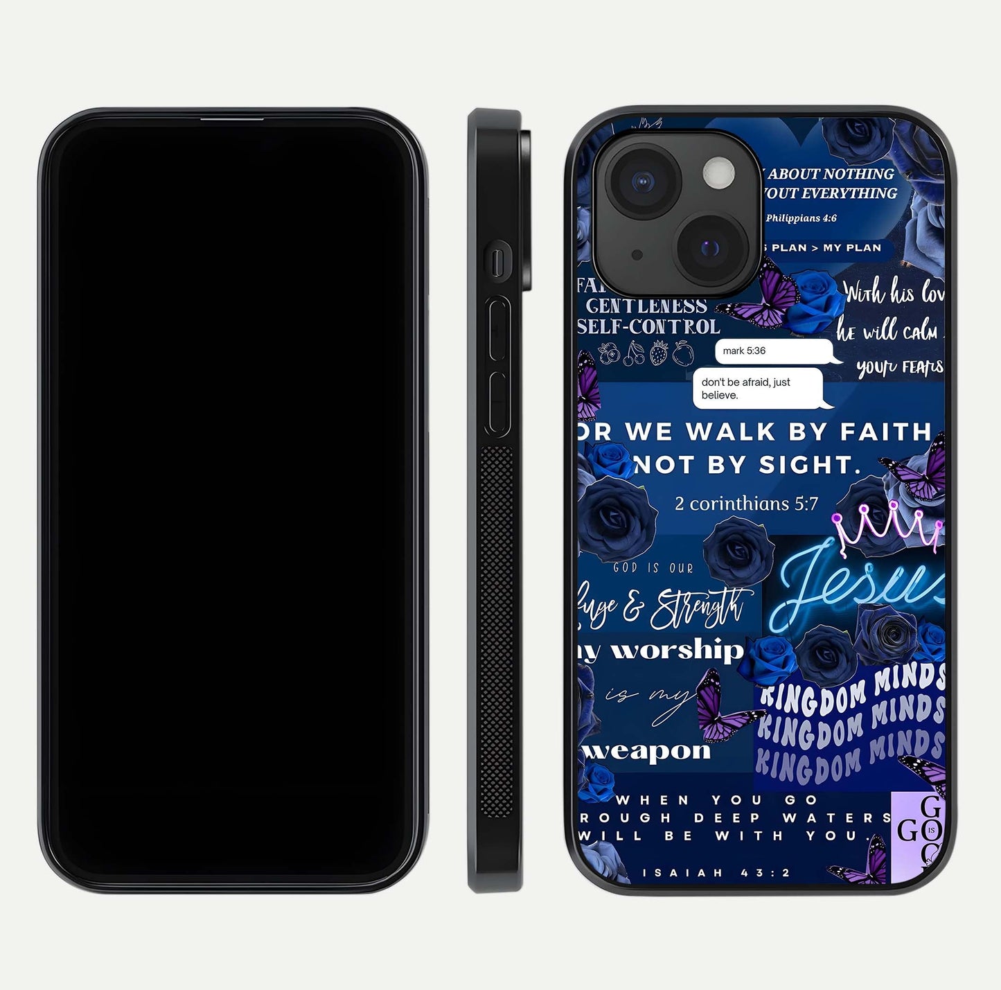 Kingdom Faith Glow Glass Case for iPhone 15 front and back view layout highlighting radiant spiritual design