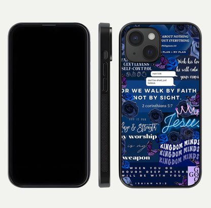 Kingdom Faith Glow Glass Case for iPhone 15 front and back view layout highlighting radiant spiritual design