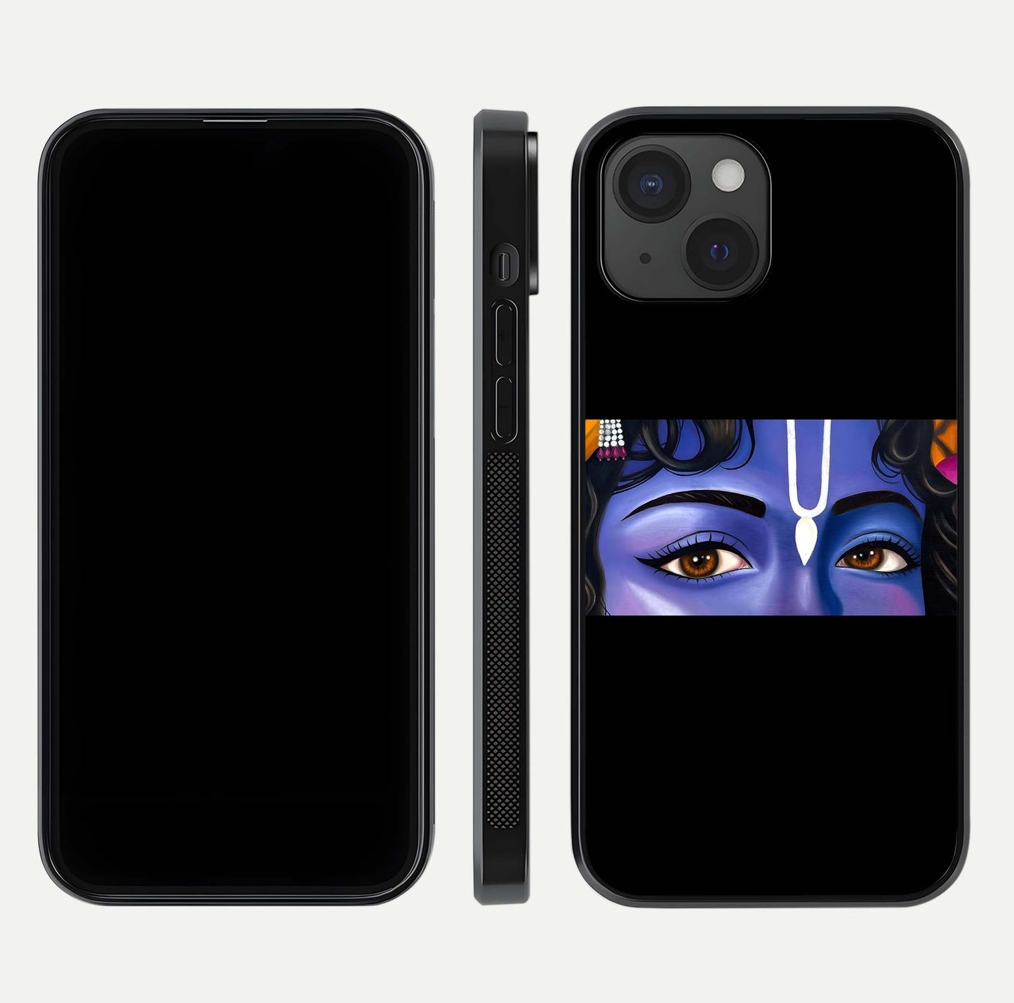 Krishna Eye Glass Case for iPhone 15 front and back view layout highlighting detailed spiritual motif