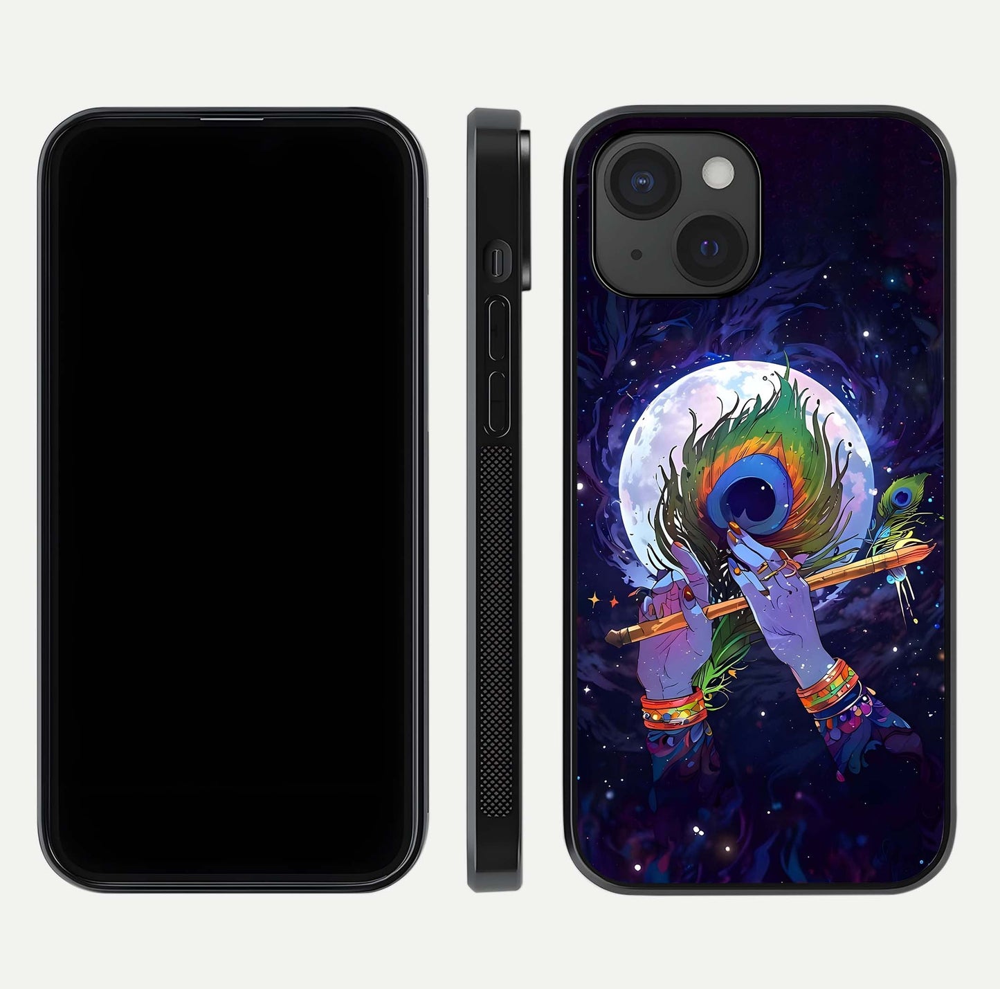 Krishna Hands Art Glass Case for iPhone 15 front and back view layout displaying soft edges and spiritual tones