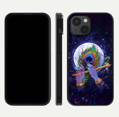 Krishna Hands Art Glass Case for iPhone 15 front and back view layout displaying soft edges and spiritual tones