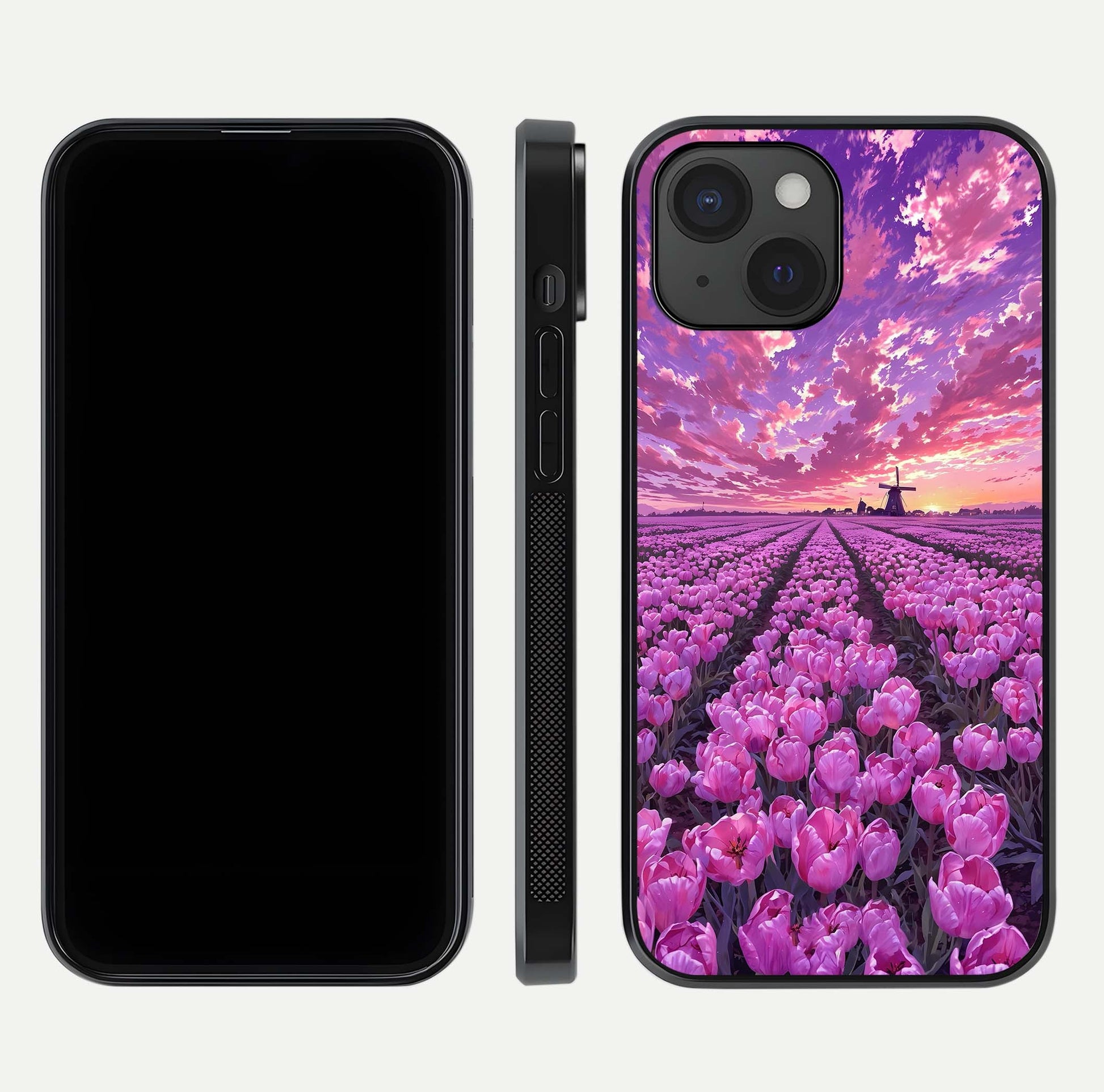 Lavender Dream Skies Glass Case for iPhone 15 front and back view layout highlighting dreamy sky gradient