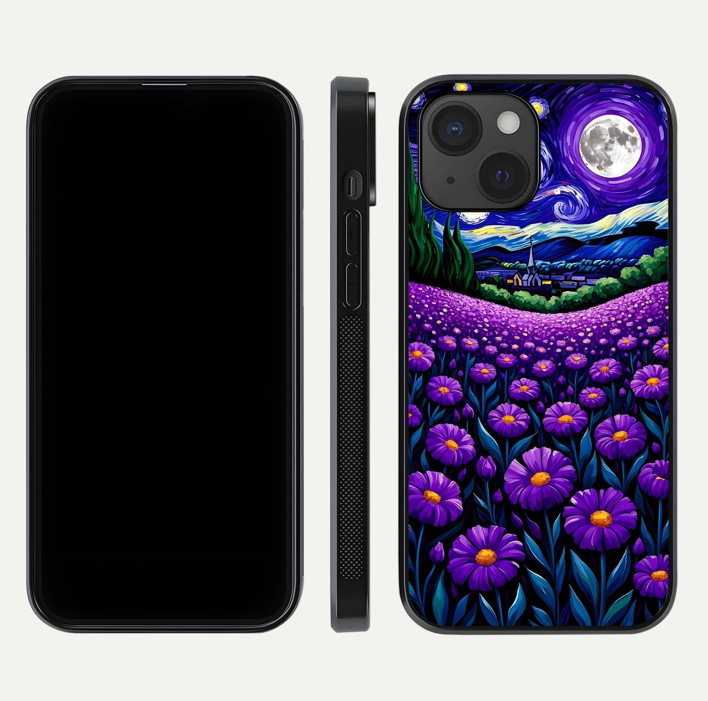 Lavender Moon Field Glass Case for iPhone 15 front and back view layout with soft gradient and curved edges
