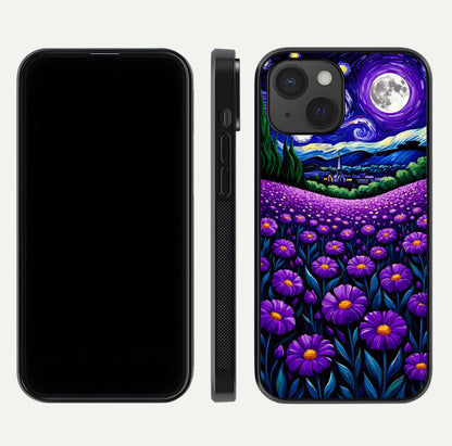 Lavender Moon Field Glass Case for iPhone 15 front and back view layout with soft gradient and curved edges