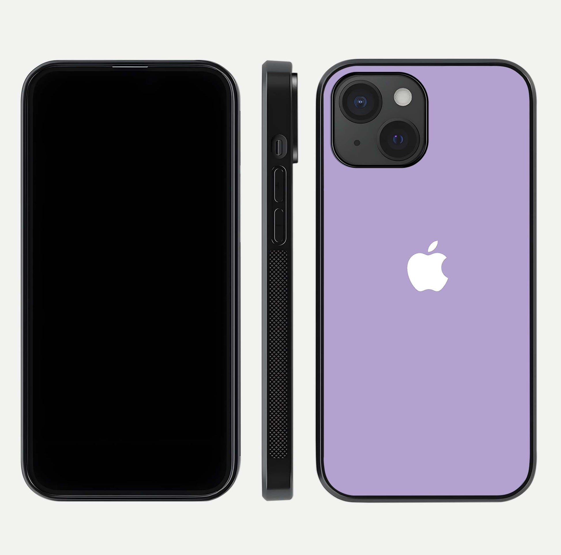 Lavender Soft Minimal Glass Case for iPhone 15 front and back view layout highlighting soft hue and curved edges