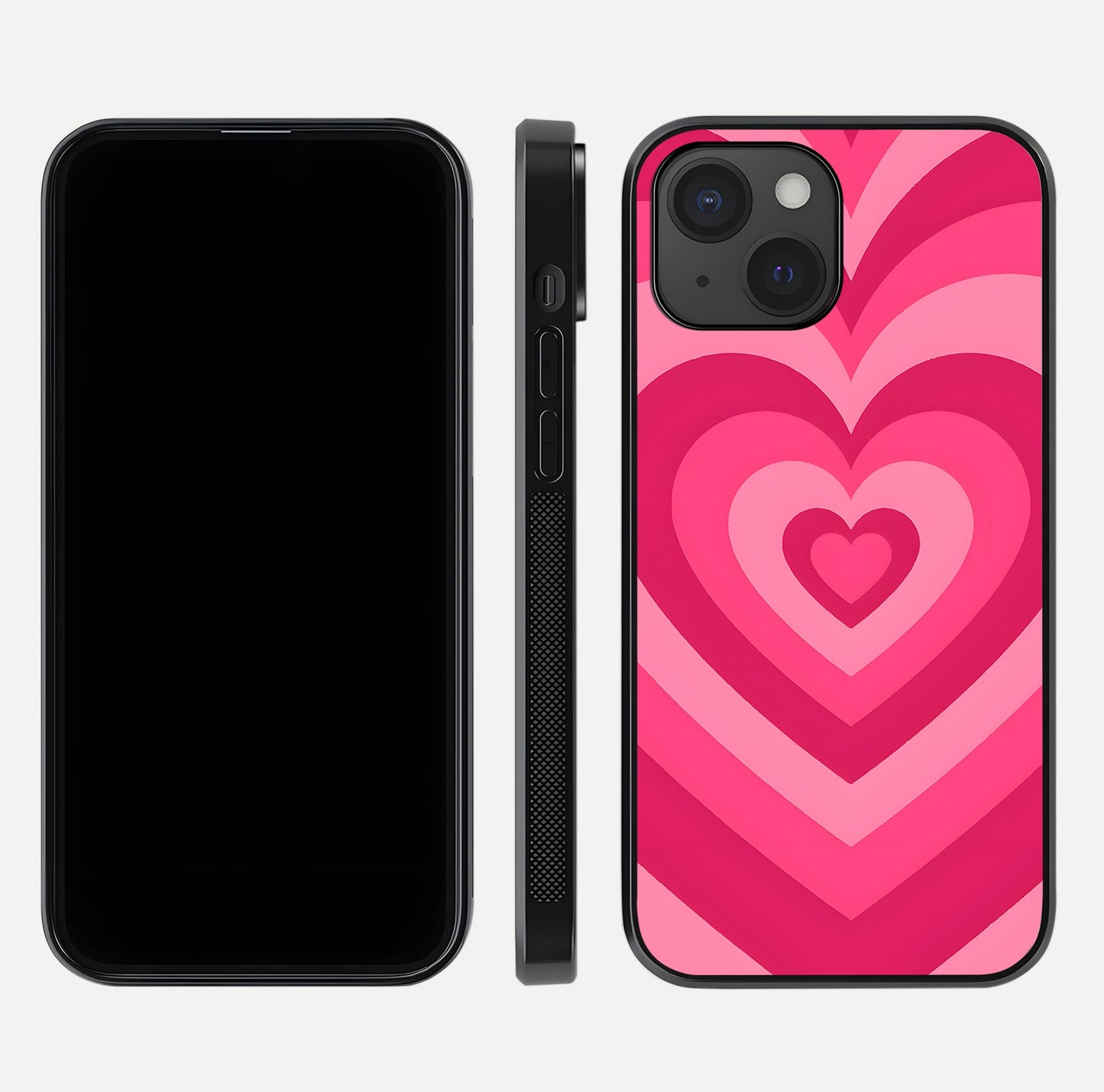 Layered Love Hearts iPhone 15  glass phone case front and side layout view displaying slim profile and full heart design