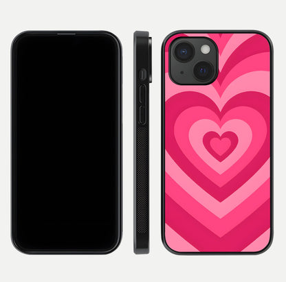 Layered Love Hearts iPhone 15  glass phone case front and side layout view displaying slim profile and full heart design