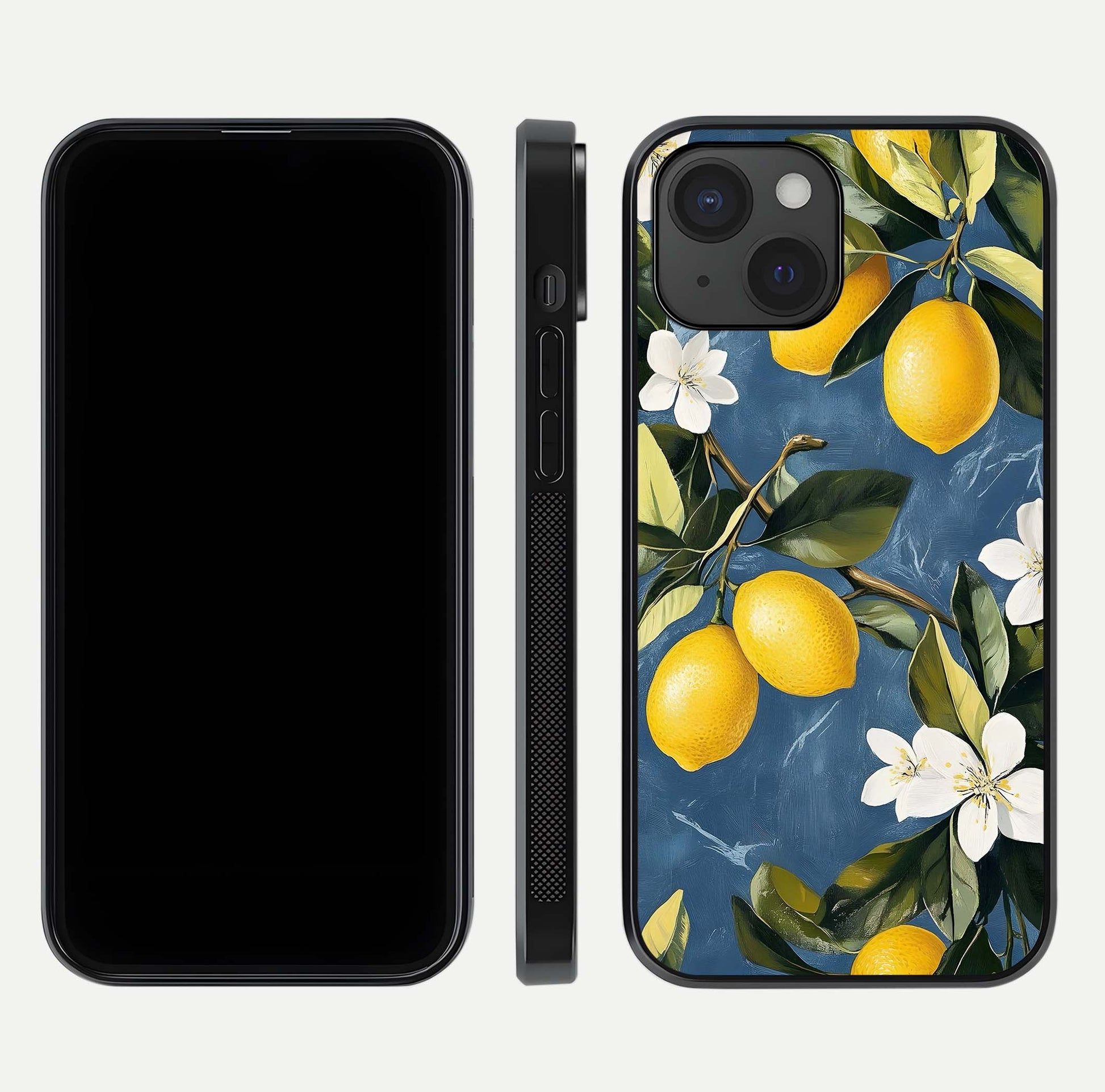 Lemon Dream Garden Glass Case for iPhone 15 front and back view layout highlighting garden tones and edges