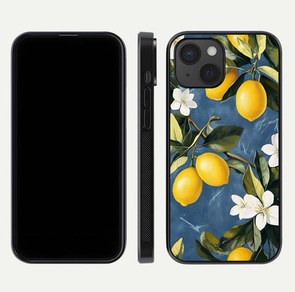 Lemon Dream Garden Glass Case for iPhone 15 front and back view layout highlighting garden tones and edges