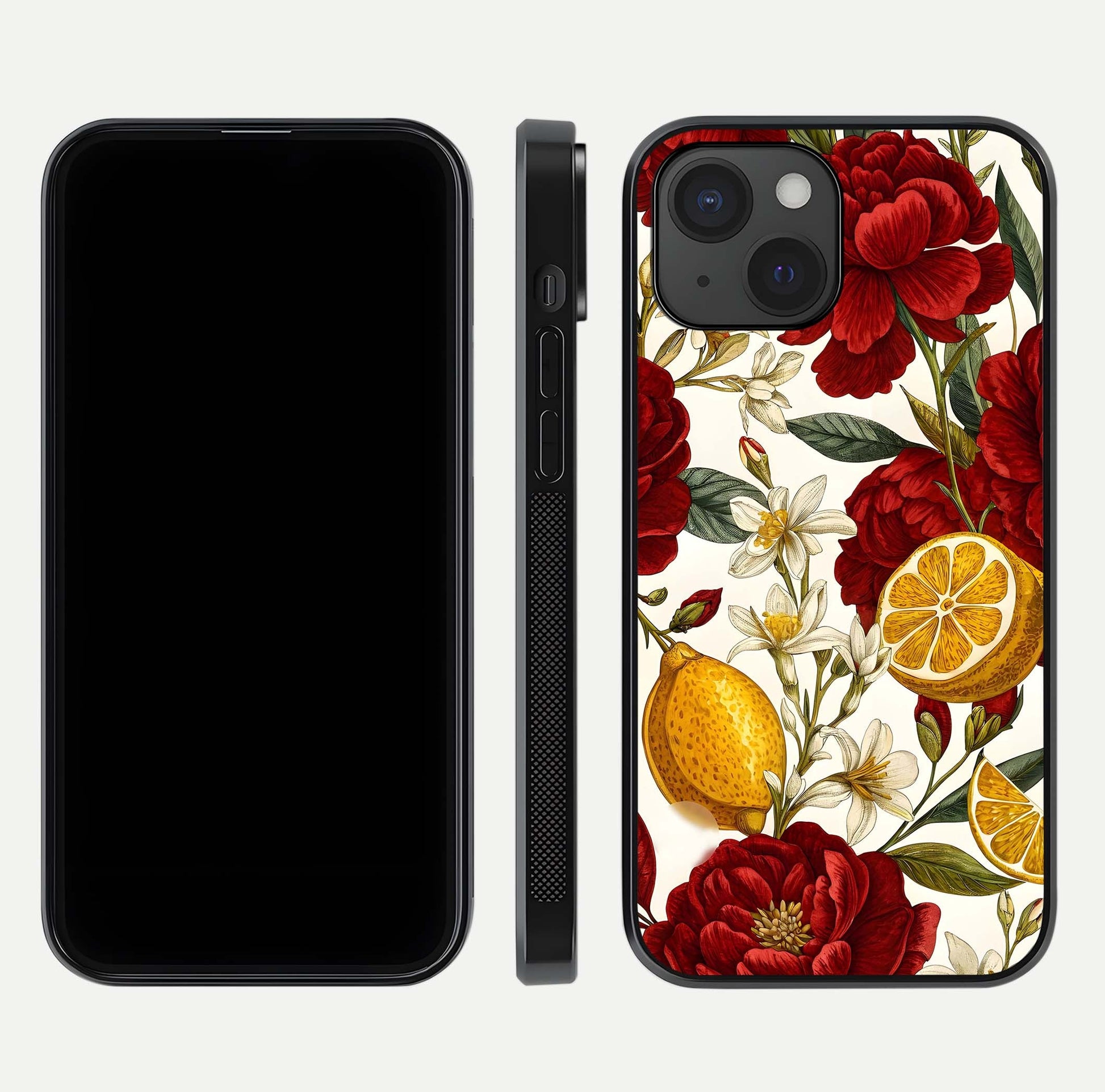 Lemon Rose Charm Glass Case for iPhone 15 front & back layout highlighting soft yellow tones and curved edges