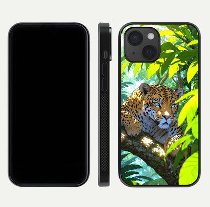 Leopard in Jungle Glass Case for iPhone 15 front & back layout with premium edge detailing and vivid jungle art
