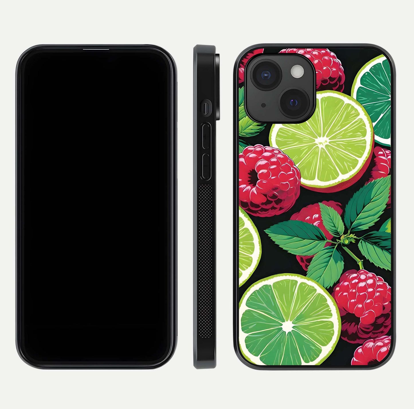 Lime and Raspberry Pattern Glass Case for iPhone 15 front & back layout highlighting fresh summer tones