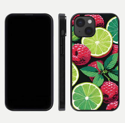 Lime and Raspberry Pattern Glass Case for iPhone 15 front & back layout highlighting fresh summer tones