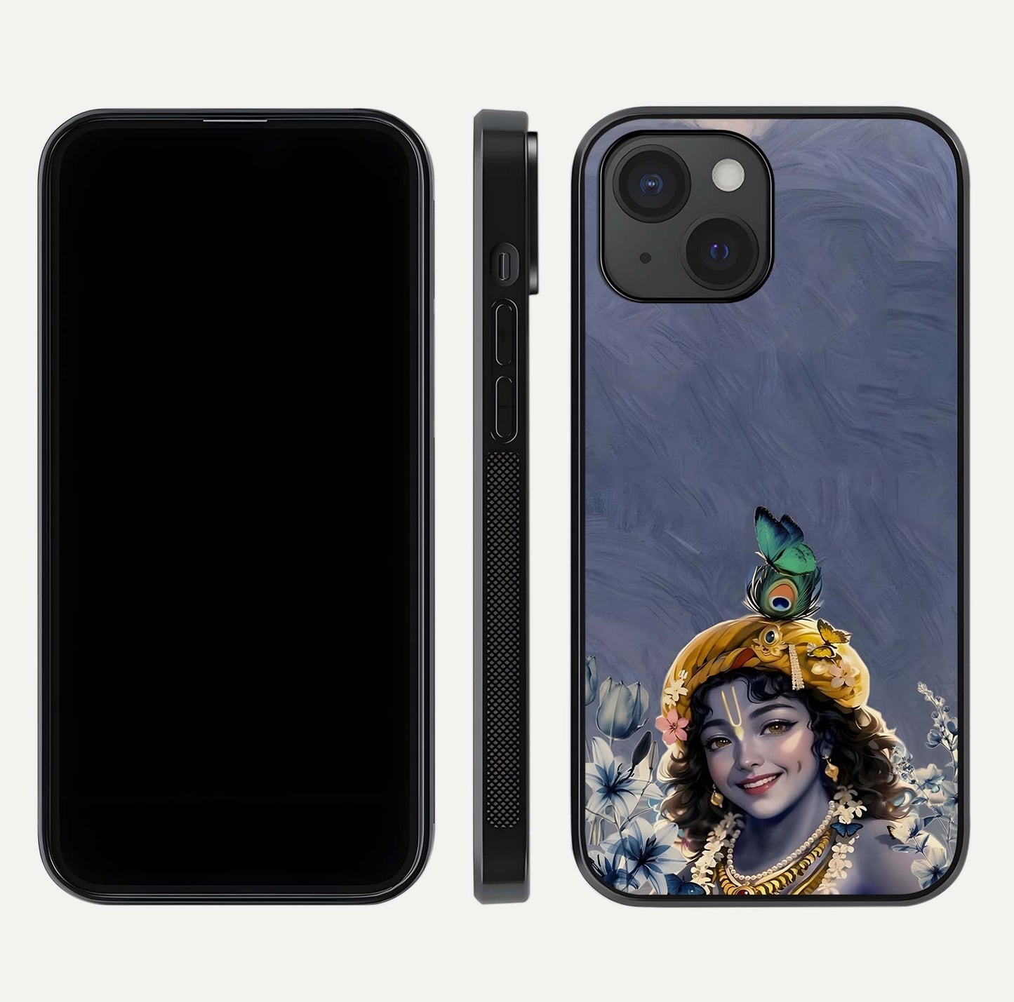 Lord Krishna Glass Case for iPhone 15 front & back layout displaying soft tones and elegant edges