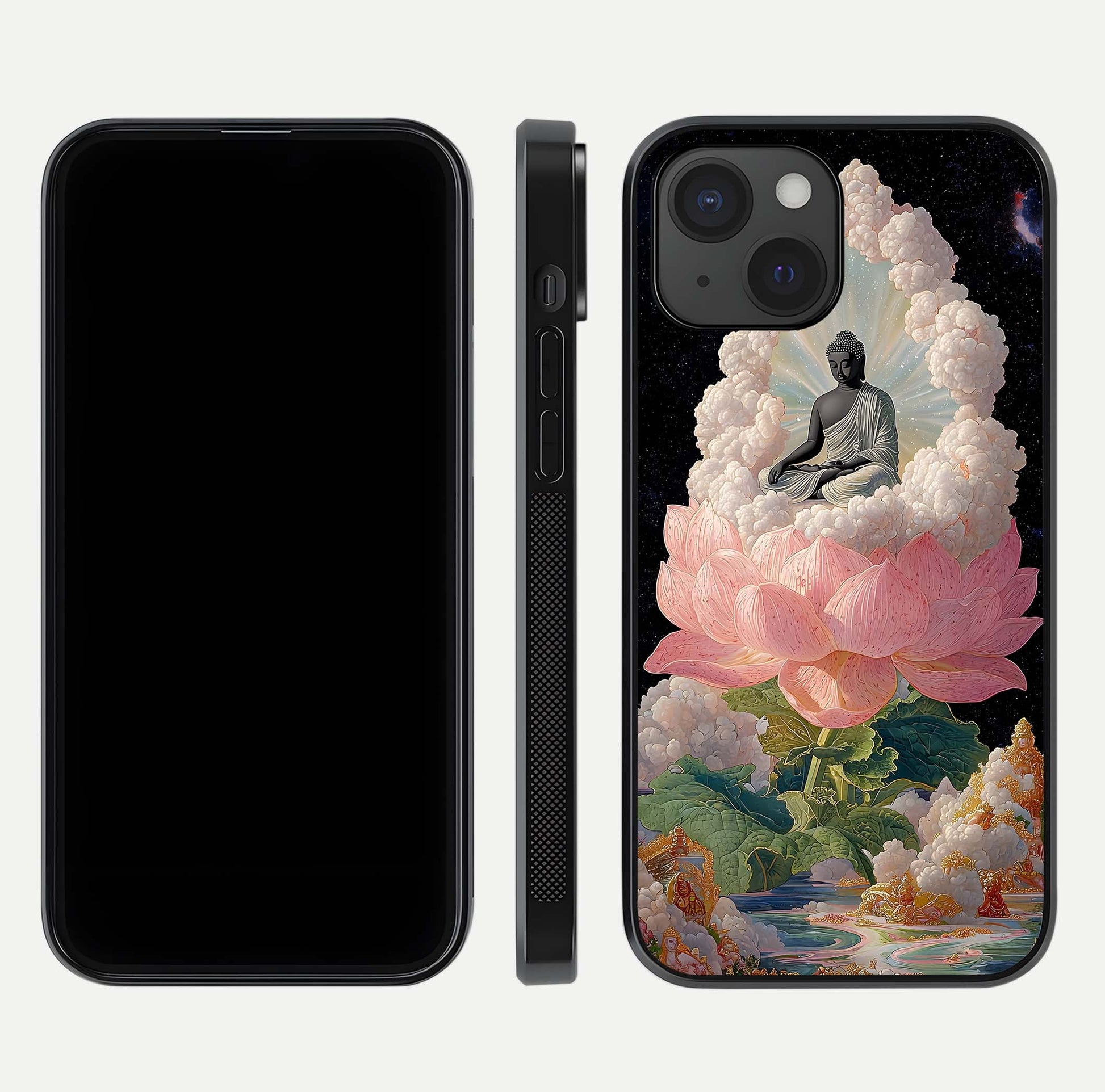 Lotus Divine Peace Glass Case for iPhone 15 front & back layout highlighting soft pink hues and curved edges