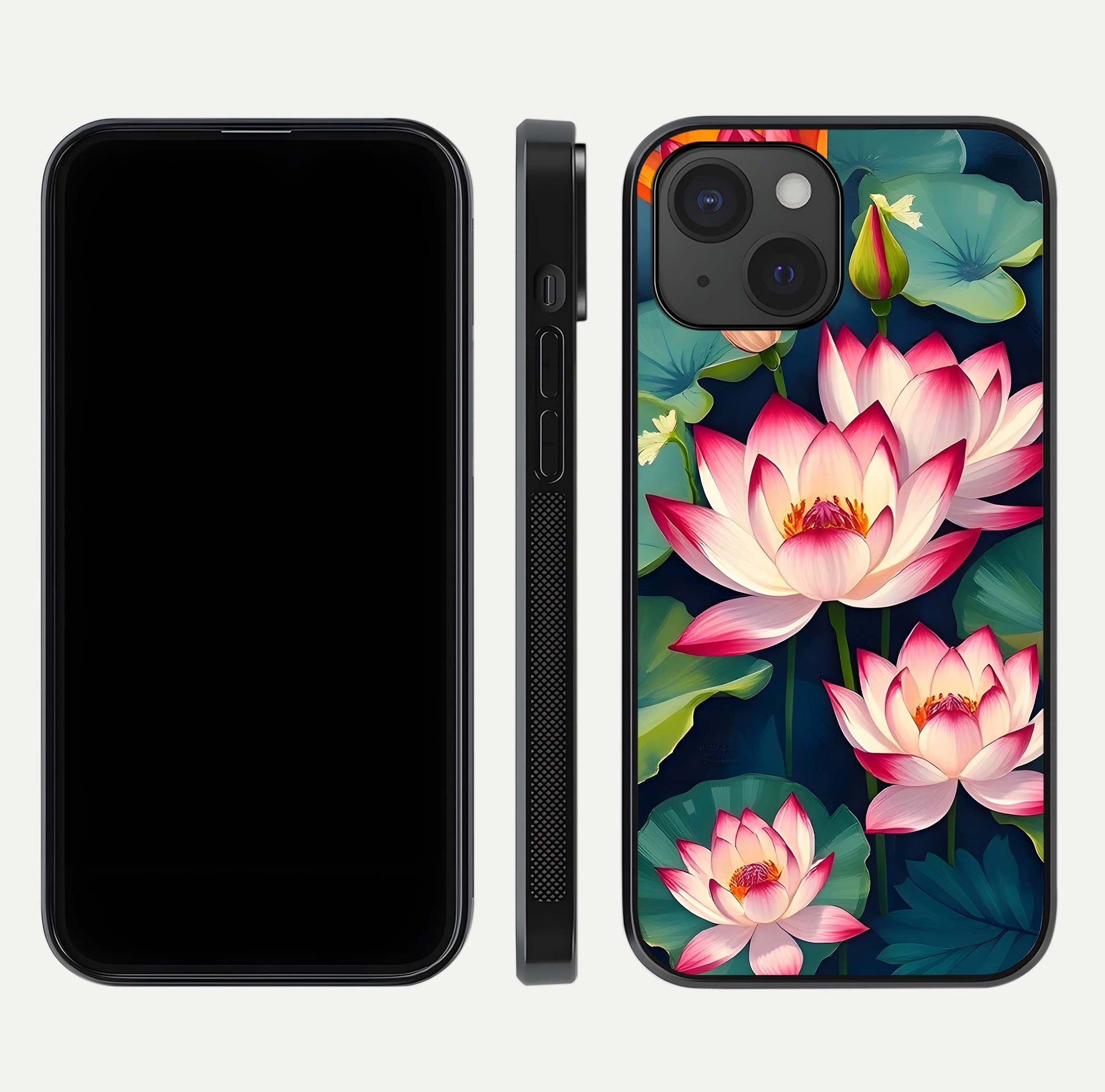 Lotus Dream Serenity Glass Case for iPhone 15 front & back layout with elegant finish and edge curve