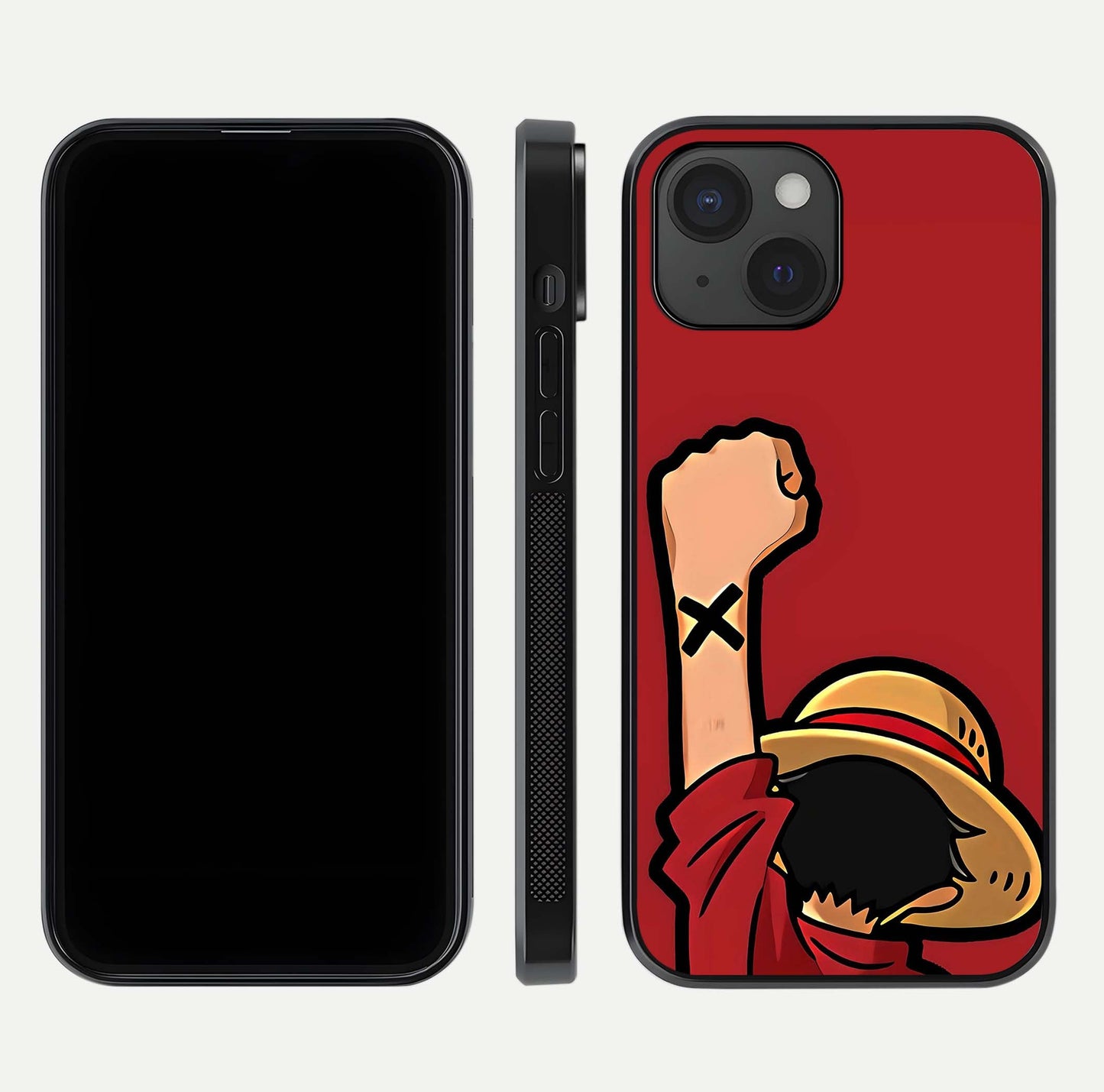 Luffy X Spirit Glass Case for iPhone 15 front & back layout displaying anime theme and curved edges