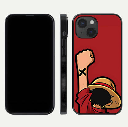 Luffy X Spirit Glass Case for iPhone 15 front & back layout displaying anime theme and curved edges