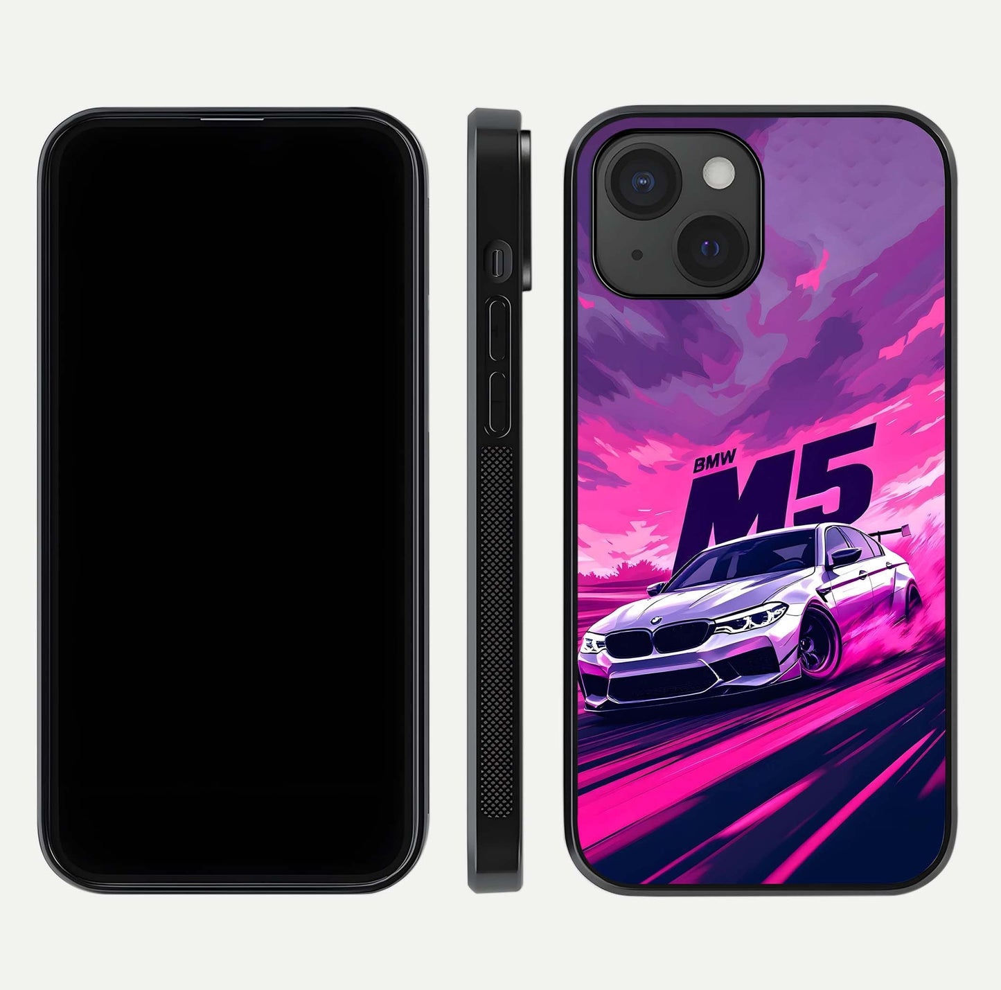 MS Neon Car Glass Case for iPhone 15 front & back layout highlighting automotive art and curved design