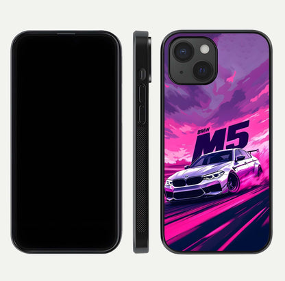 MS Neon Car Glass Case for iPhone 15 front & back layout highlighting automotive art and curved design