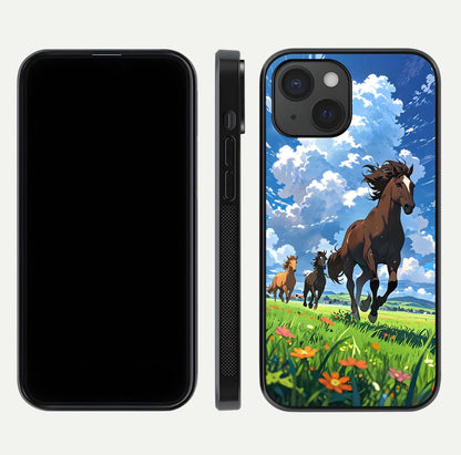 Majestic Horses Galloping Glass Case for iPhone 15 front & back layout highlighting dynamic design and edges