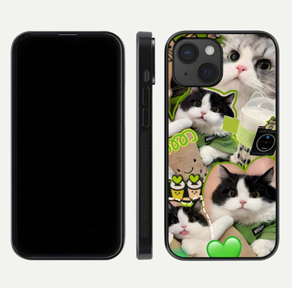 Matcha Cats Mood Glass Case for iPhone 15 front & back layout highlighting cute theme and smooth edges