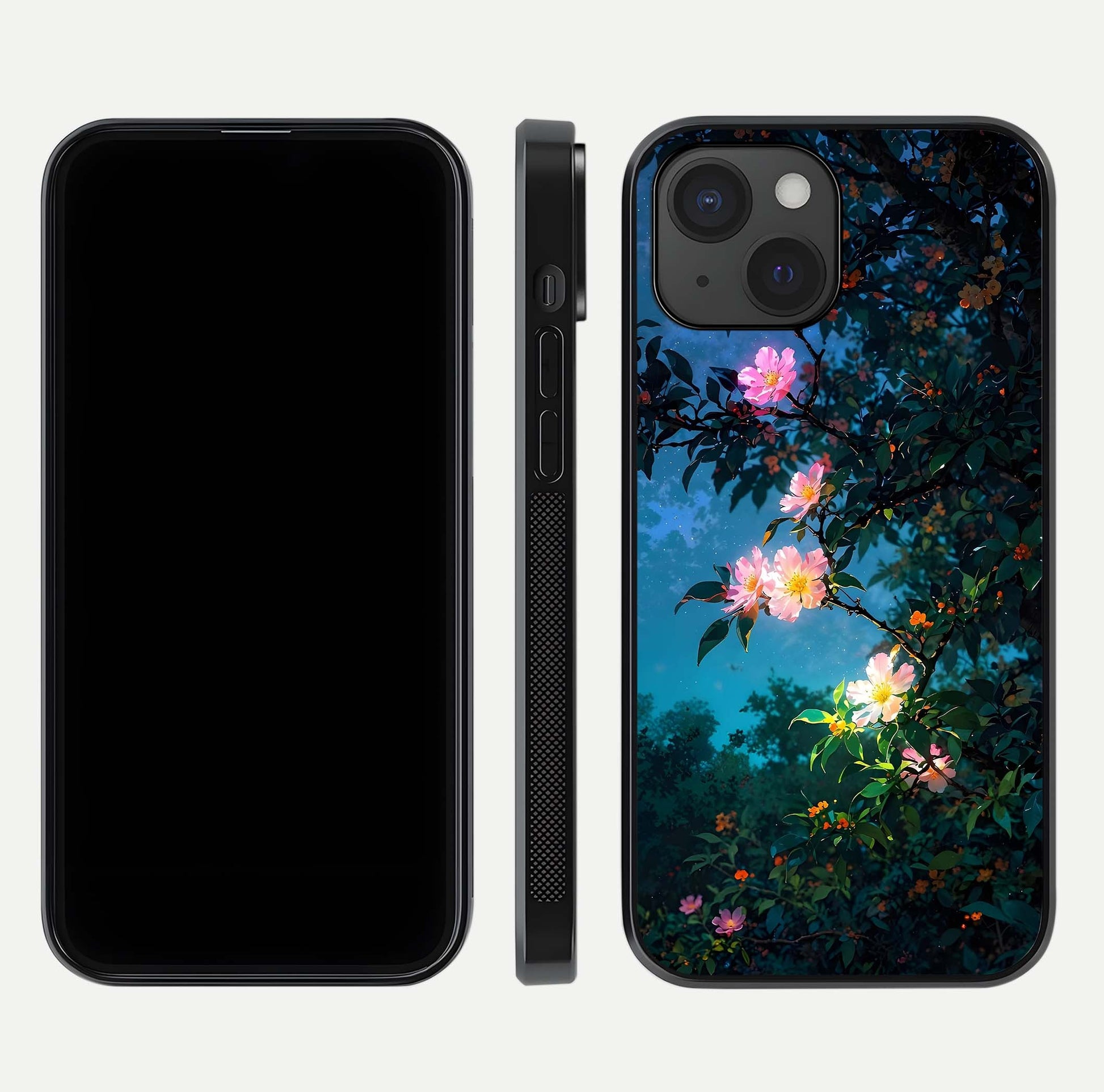 Midnight Bloom Glow Glass Case for iPhone 15 front & back layout highlighting moody tones and smooth finish