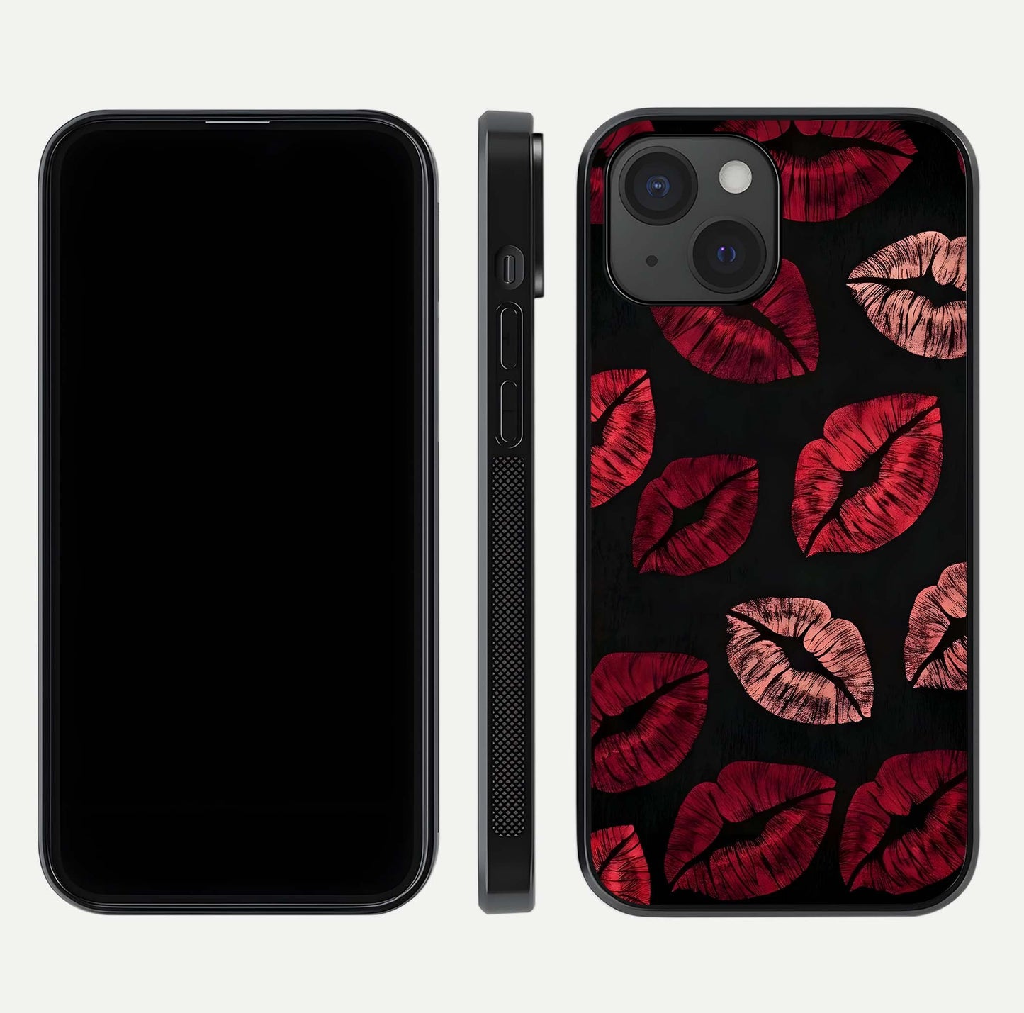 Midnight Kiss Love Glass Case for iPhone 15 front & back view layout showing romantic theme and smooth curves