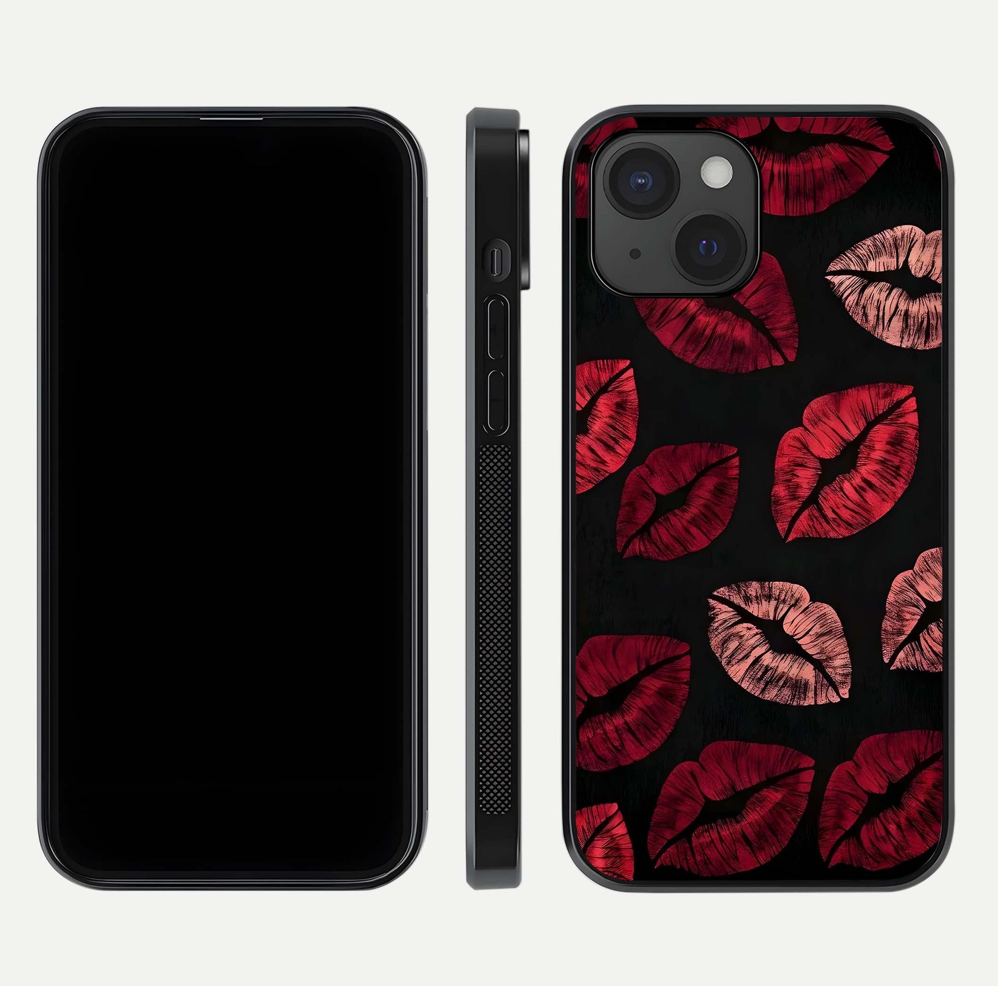 Midnight Kiss Love Glass Case for iPhone 15 front & back view layout showing romantic theme and smooth curves