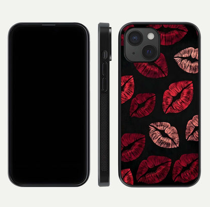 Midnight Kiss Love Glass Case for iPhone 15 front & back view layout showing romantic theme and smooth curves