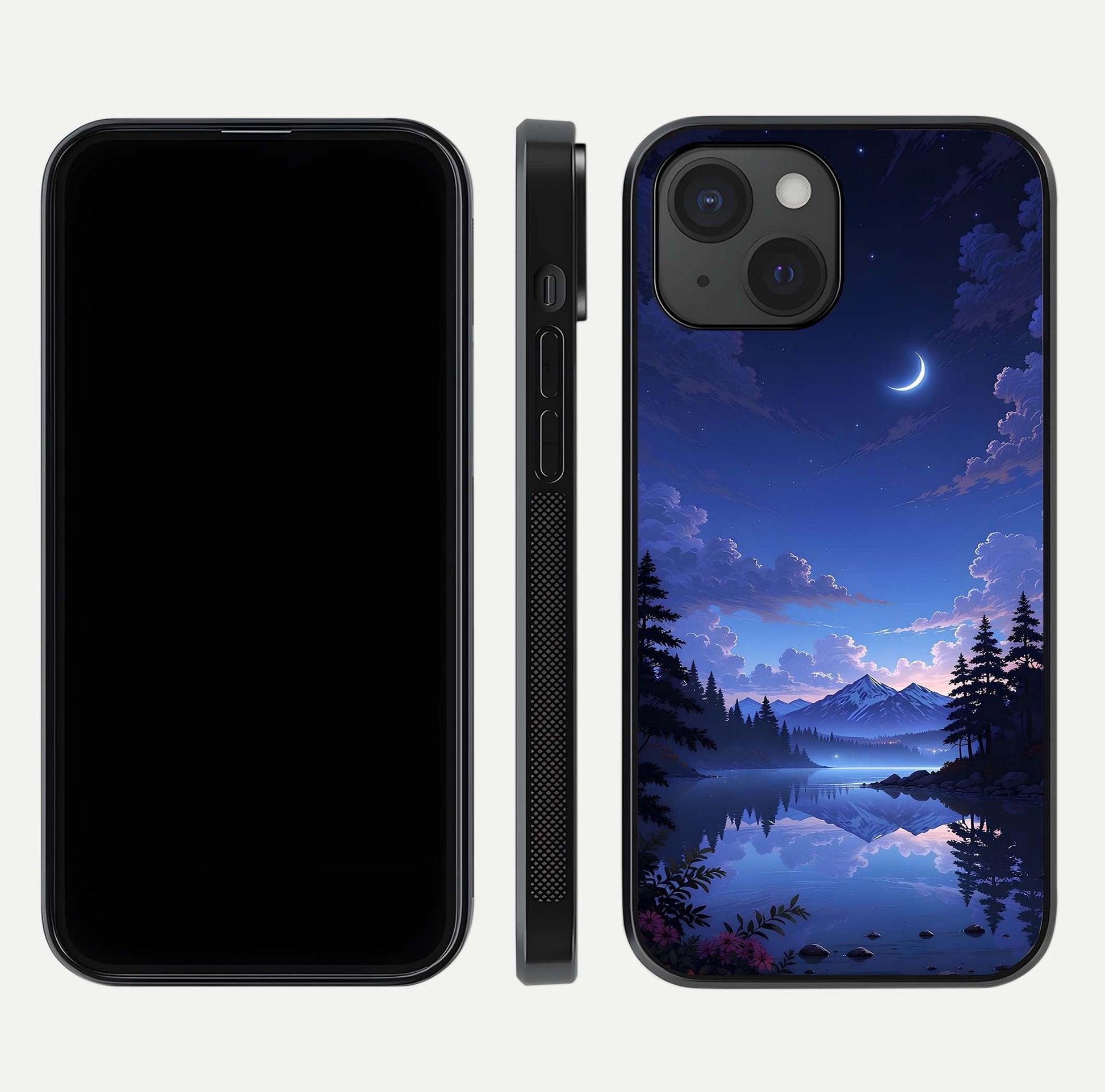 Midnight Lake Peace Glass Case for iPhone 15 front & back layout highlighting calm design and curved edges