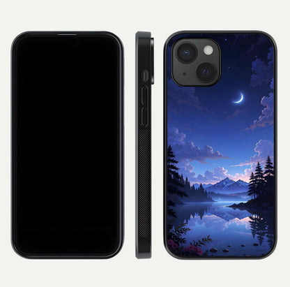 Midnight Lake Peace Glass Case for iPhone 15 front & back layout highlighting calm design and curved edges